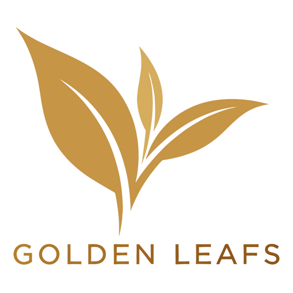 A minimalist golden leaf logo with three stylized leaves and the text GOLDEN LEAFS in bold, uppercase letters below the design on a white background.