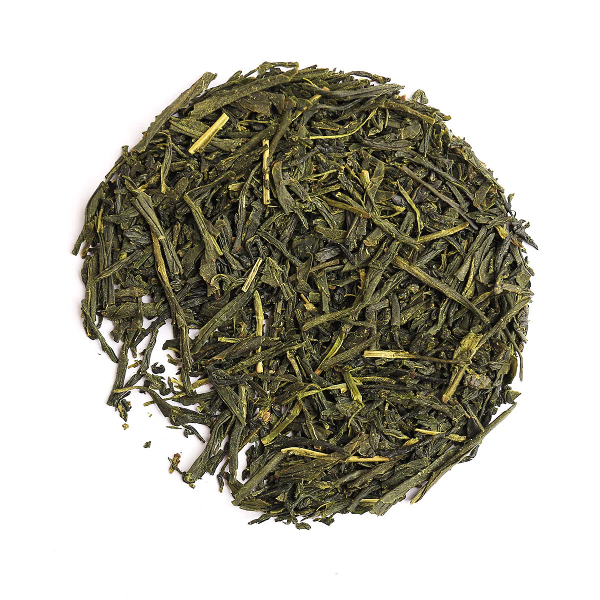 A circular pile of loose, dried Green Tea leaves displayed on a white background.